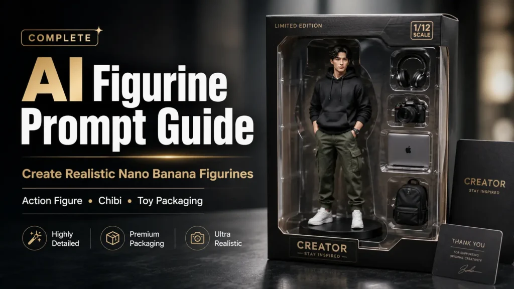 AI Figurine Prompt guide thumbnail showing a realistic collectible action figure in premium toy packaging with accessories by AI Artz