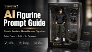 AI Figurine Prompt guide thumbnail showing a realistic collectible action figure in premium toy packaging with accessories by AI Artz
