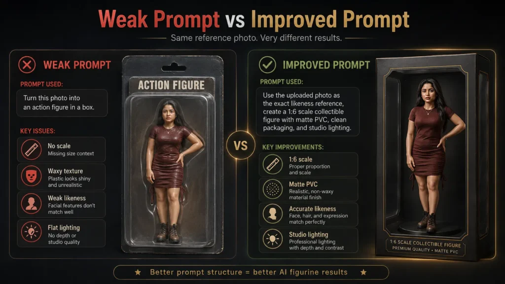 AI Figurine Prompt comparison infographic showing weak prompt vs improved prompt results with boxed collectible figurines, scale, material, likeness, and lighting fixes by AI Artz