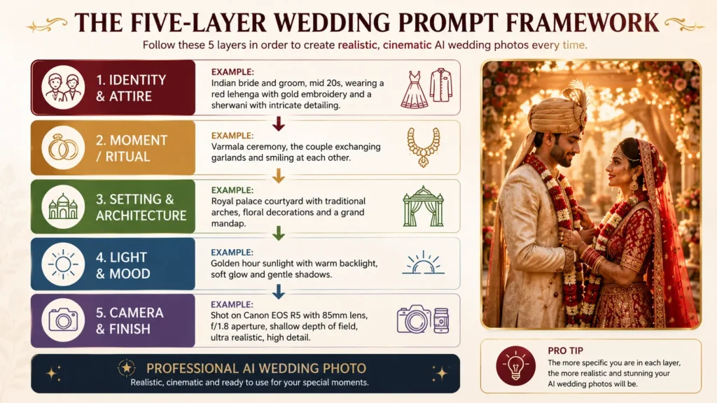 Master AI prompts for wedding photography with the Five-Layer Wedding Prompt Framework. Learn how identity, wedding rituals, location, lighting, and camera settings work together to create realistic and cinematic AI wedding photos image by AI Artz