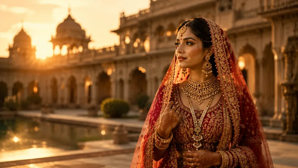 Professional AI prompts for wedding photography thumbnail showing a realistic Indian bride in royal bridal attire with cinematic golden-hour lighting, luxury palace architecture, and photorealistic AI wedding photography by AI Artz