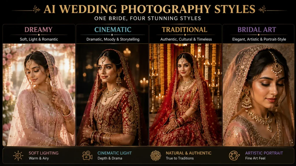 AI prompts for wedding photography comparison showing the same Indian bride in four different styles: Dreamy, Cinematic, Traditional, and Bridal AI Art, highlighting how prompt styles change the final AI-generated wedding image by AI Artz