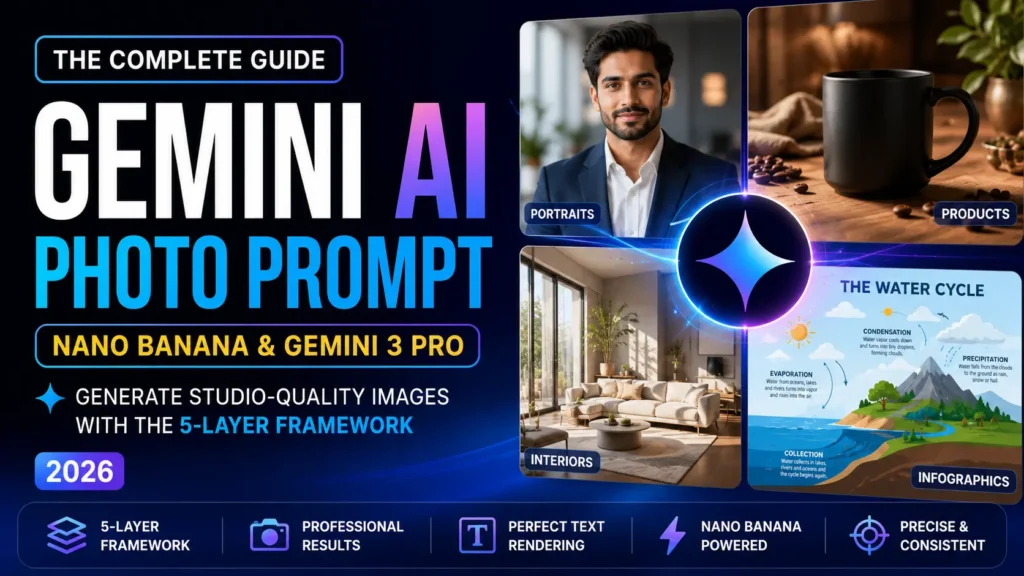 Gemini AI Photo Prompt guide showing realistic AI portrait, product photography, interior design, and infographic examples created with Nano Banana and Gemini 3 Pro using the Five-Layer Prompt Framework by AI Artz