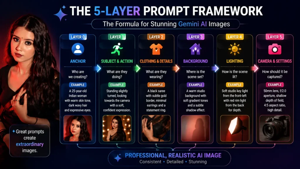 Gemini AI Photo Prompt Five-Layer Framework infographic explaining how to write professional AI image prompts using Anchor, Subject, Clothing, Background, Lighting, and Camera settings for realistic Gemini-generated images by AI Artz