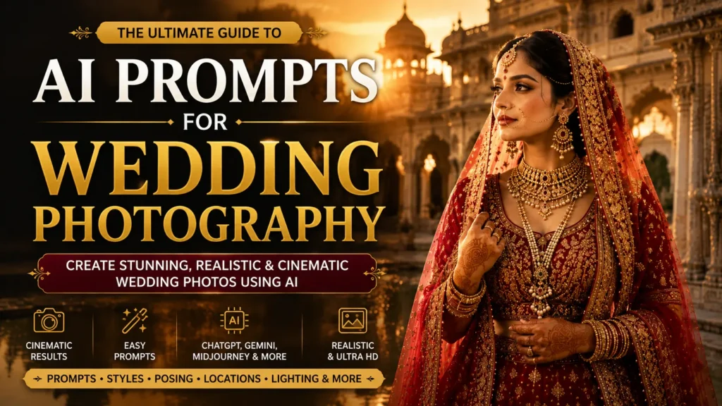 AI prompts for wedding photography featuring a realistic Indian bride in a luxurious palace during golden hour, showcasing cinematic bridal portraits, traditional Indian wedding style, and professional AI-generated wedding photography by AI Artz