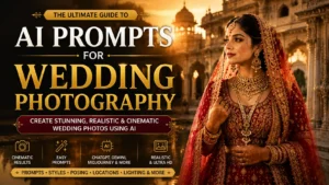 AI prompts for wedding photography featuring a realistic Indian bride in a luxurious palace during golden hour, showcasing cinematic bridal portraits, traditional Indian wedding style, and professional AI-generated wedding photography by AI Artz