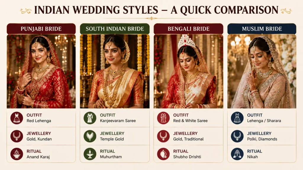 AI prompts for wedding photography infographic comparing Punjabi, South Indian, Bengali, and Muslim bridal styles, highlighting traditional outfits, jewelry, and wedding rituals for realistic AI wedding photos by AI Artz
