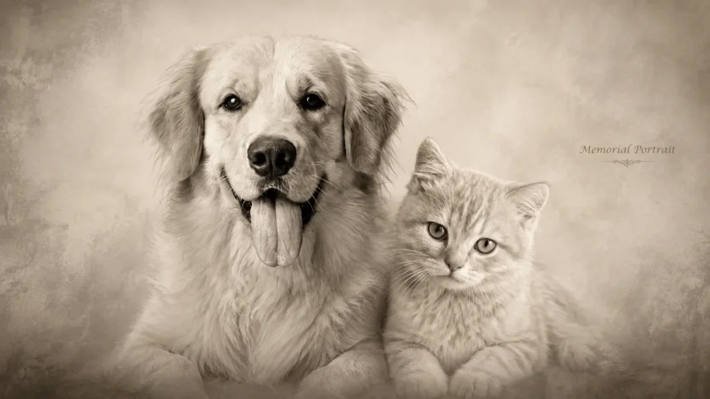 AI Pet Portrait Prompts example showing a golden retriever and kitten together in a soft sepia-toned memorial portrait with a peaceful textured background by AI Artz