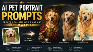 AI Pet Portrait Prompts showing a golden retriever transformed from a real pet photo into royal, professional studio, and watercolor portrait styles by AI Artz