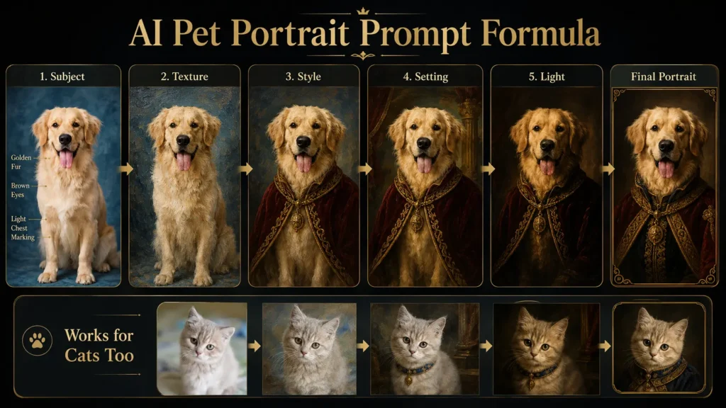 AI Pet Portrait Prompts infographic showing a five-layer formula—subject, texture, style, setting, and lighting—to transform dog and cat photos into detailed royal portraits by AI Artz