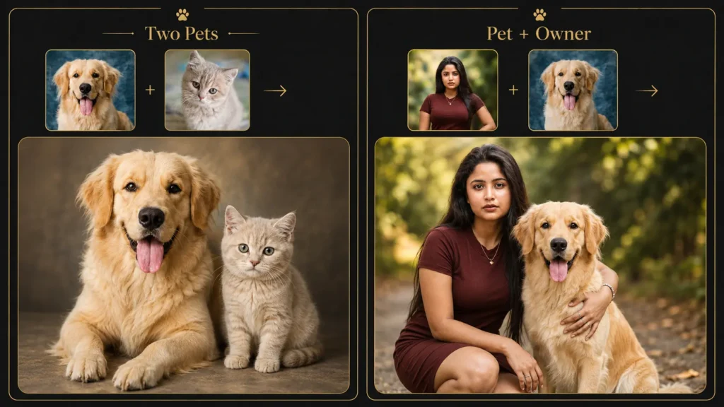 AI Pet Portrait Prompts workflow showing a dog and cat combined into one portrait and a woman with her golden retriever in a pet-and-owner portrait by AI Artz