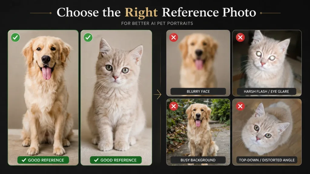 AI Pet Portrait Prompts reference photo guide comparing clear dog and cat photos with blurry, flash-lit, cluttered, and distorted pet images by AI Artz