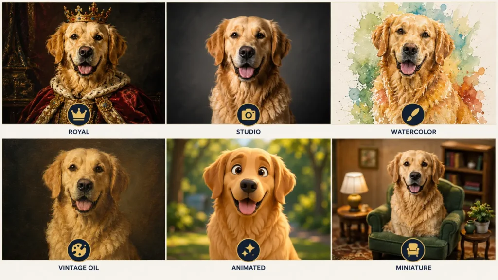 AI Pet Portrait Prompts comparison showing the same golden retriever in royal, studio, watercolor, vintage oil, animated, and miniature art styles by AI Artz