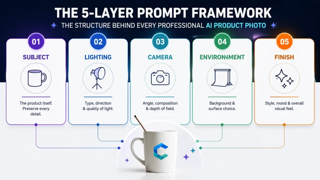 AI product photography prompts five-layer framework showing subject, lighting, camera, environment, and finish for professional product photos by AI Artz