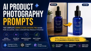 AI product photography prompts showing a real product transformed into a professional ecommerce product photo with Gemini and Nano Banana Pro by AI Artz