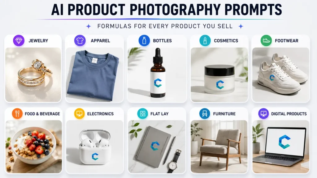 AI product photography prompts for jewelry, apparel, bottles, cosmetics, footwear, food, electronics, flat lays, furniture, and digital products by AI Artz