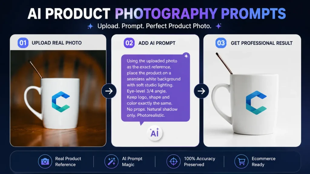 AI product photography prompts workflow showing a real mug photo, AI prompt, and professional product photo result with preserved product details by AI Artz