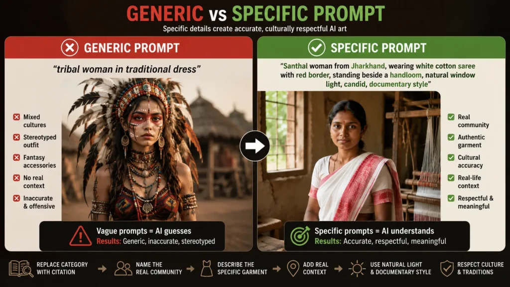 Indigenous tribal AI art prompts comparison showing a generic tribal look versus a specific Santhal traditional dress prompt by AI Artz