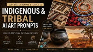 Indigenous tribal AI art prompts guide featuring Adivasi, Native American, Maasai and Aboriginal Australian cultural art, textiles and landscapes by AI Artz