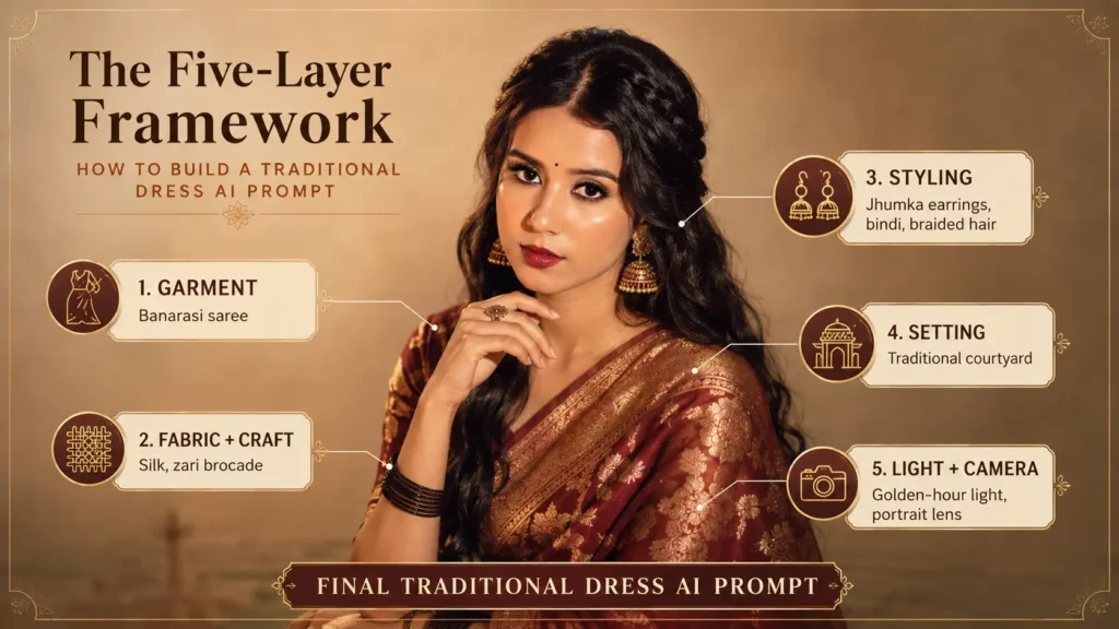 Traditional Dress AI Prompt infographic showing the Five-Layer Framework with a woman in a Banarasi saree, including garment, fabric, styling, setting, and lighting details by AI Artz