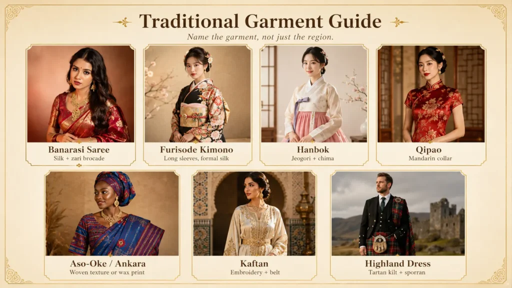 Traditional Dress AI Prompt garment guide showing a Banarasi saree, furisode kimono, hanbok, qipao, Aso-Oke and Ankara attire, Moroccan kaftan, and Scottish Highland dress by AI Artz