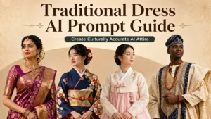 Traditional Dress AI Prompt guide featuring a Banarasi saree, Japanese furisode kimono, Korean hanbok, and West African agbada by AI Artz