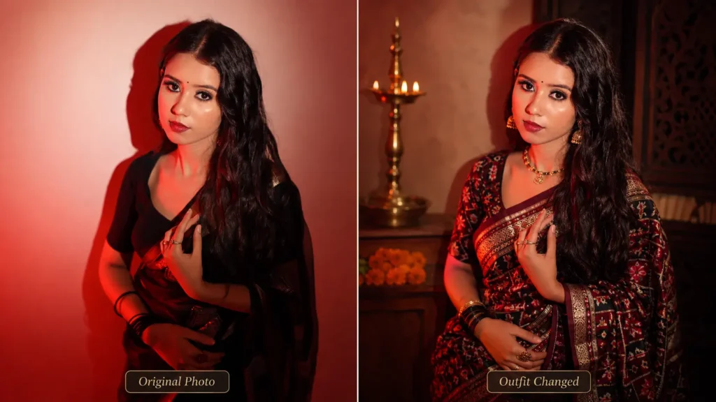 Traditional Dress AI Prompt before-and-after comparison showing the same woman with her original black outfit and an AI-edited traditional patterned saree by AI Artz