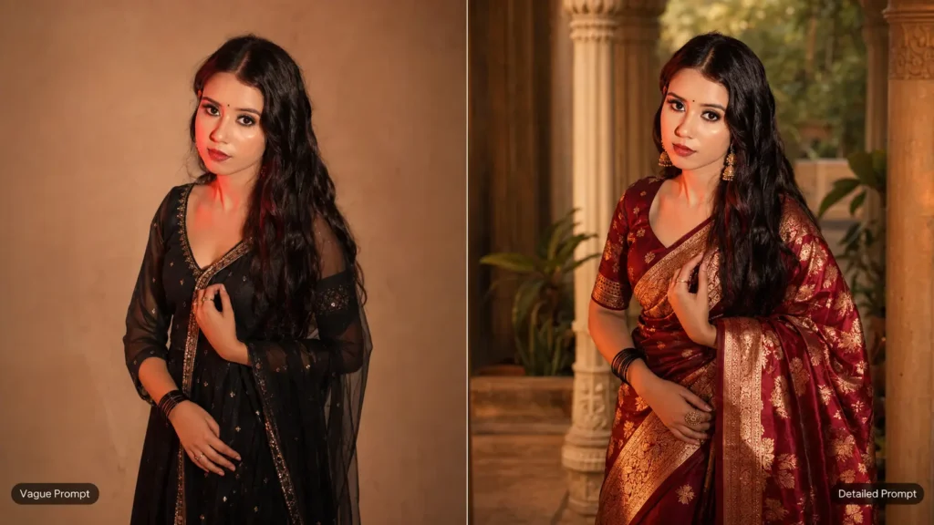 Traditional Dress AI Prompt comparison showing a vague prompt result beside a detailed Banarasi saree prompt result with more accurate styling and setting by AI Artz