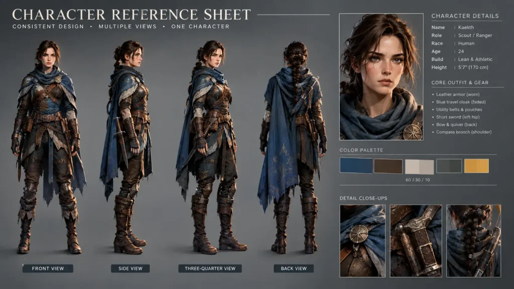 AI Character Prompts character reference sheet showing consistent front, side, three-quarter, and back views by AI Artz