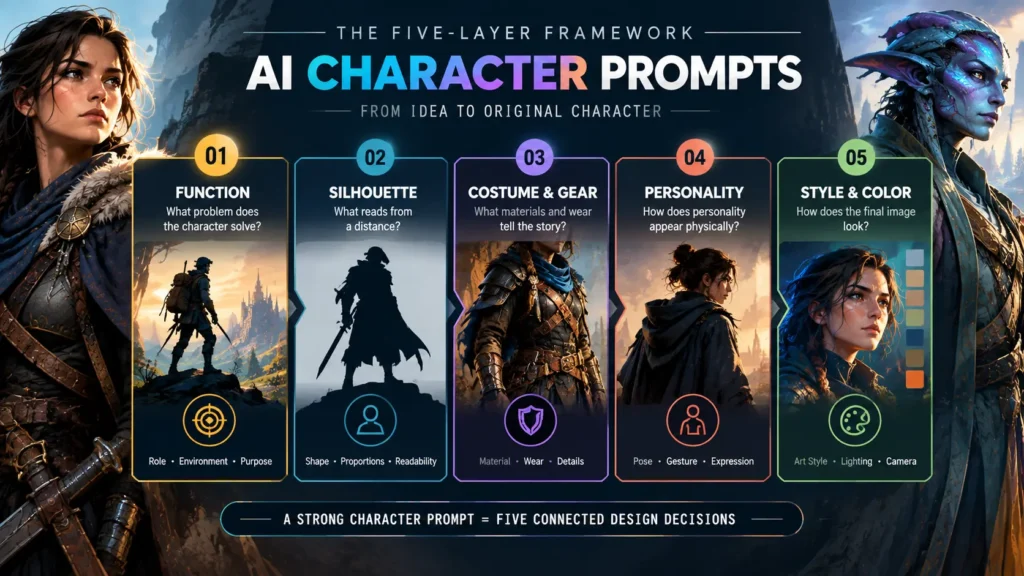 AI Character Prompts five-layer framework showing function, silhouette, costume, personality, and style by AI Artz