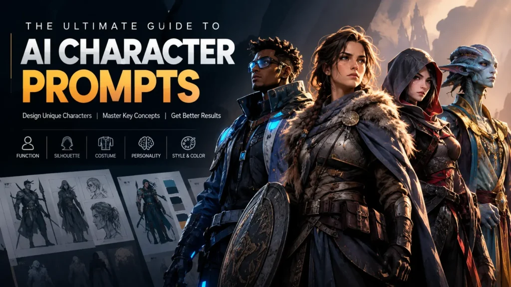 AI Character Prompts guide showing original fantasy, sci-fi, and game character designs