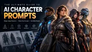 AI Character Prompts guide showing original fantasy, sci-fi, and game character designs