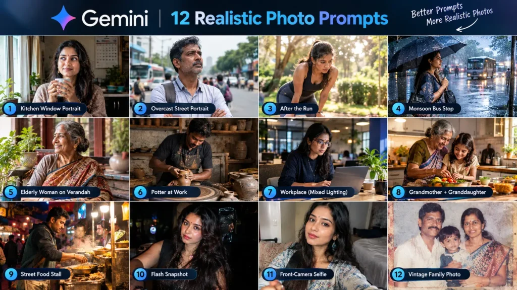 Google Gemini 12 Realistic Photo Prompts showcasing lifelike photography ideas - from kitchen window portraits and monsoon bus stops to vintage family photos - designed for better AI photo realism and creative inspiration by AI Artz