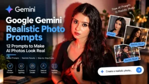 Google Gemini Realistic Photo Prompts guide showing realistic AI photo examples, natural lighting, camera details, and realistic textures by AI Artz