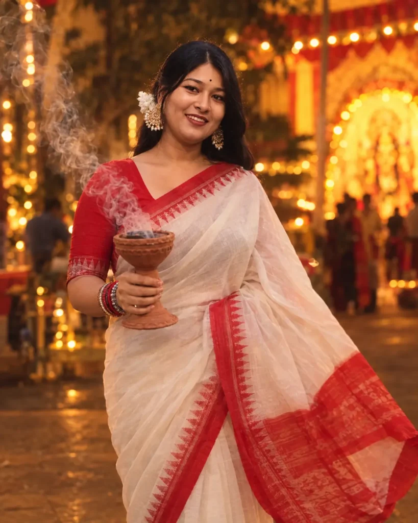 Trisha Roy in a traditional white and red Bengali saree holding a dhunuchi during Durga Puja, created with Durga Puja Gemini AI Prompts by Subhra Prakash Mohanty
