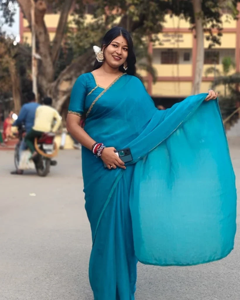 Reference portrait of Trisha Roy for Durga Puja Gemini AI Prompts showing a person in a blue saree, used to create realistic Durga Puja AI-generated images by Subhra Prakash Mohanty