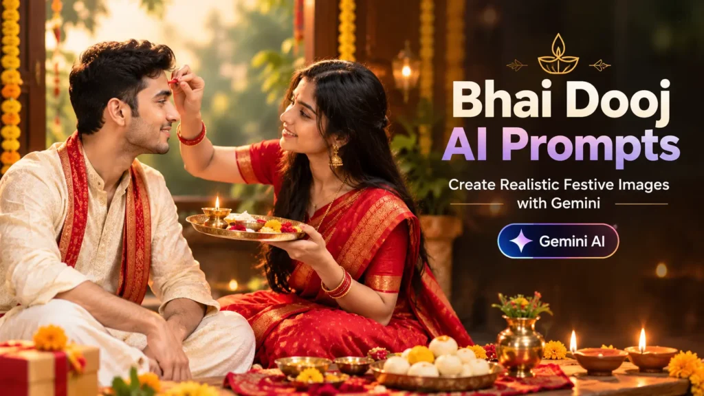 Bhai Dooj AI Prompts for creating realistic Gemini brother-sister images featuring a traditional tilak ceremony, festive saree, kurta, diya, and sweets by AI Artz