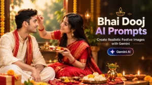 Bhai Dooj AI Prompts for creating realistic Gemini brother-sister images featuring a traditional tilak ceremony, festive saree, kurta, diya, and sweets by AI Artz
