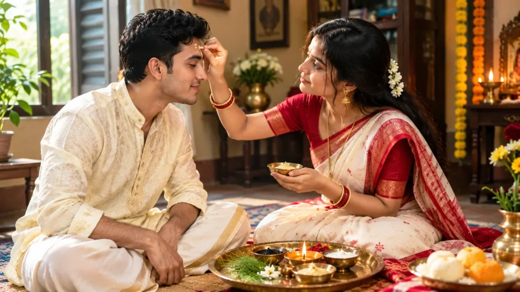 Bhai Phota AI photo of a Bengali sister applying sandalwood phonta to her brother in traditional white and red festive attire, with a brass thali and diya by AI Artz