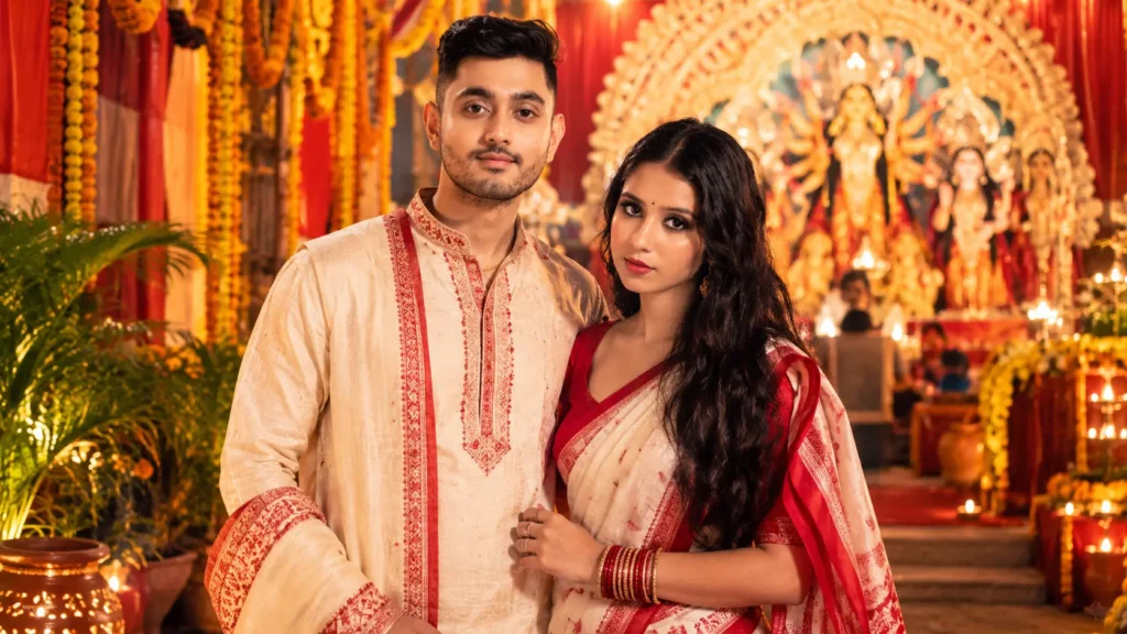 Traditional Bengali couple in ethnic attire posing at a Durga Puja pandal, inspired by Durga Puja Gemini AI prompts for realistic festival photography and AI-generated images by AI Artz