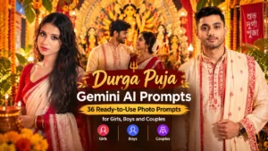 Durga Puja Gemini AI Prompts featuring traditional Bengali saree and panjabi looks for festive photos by AI Artz