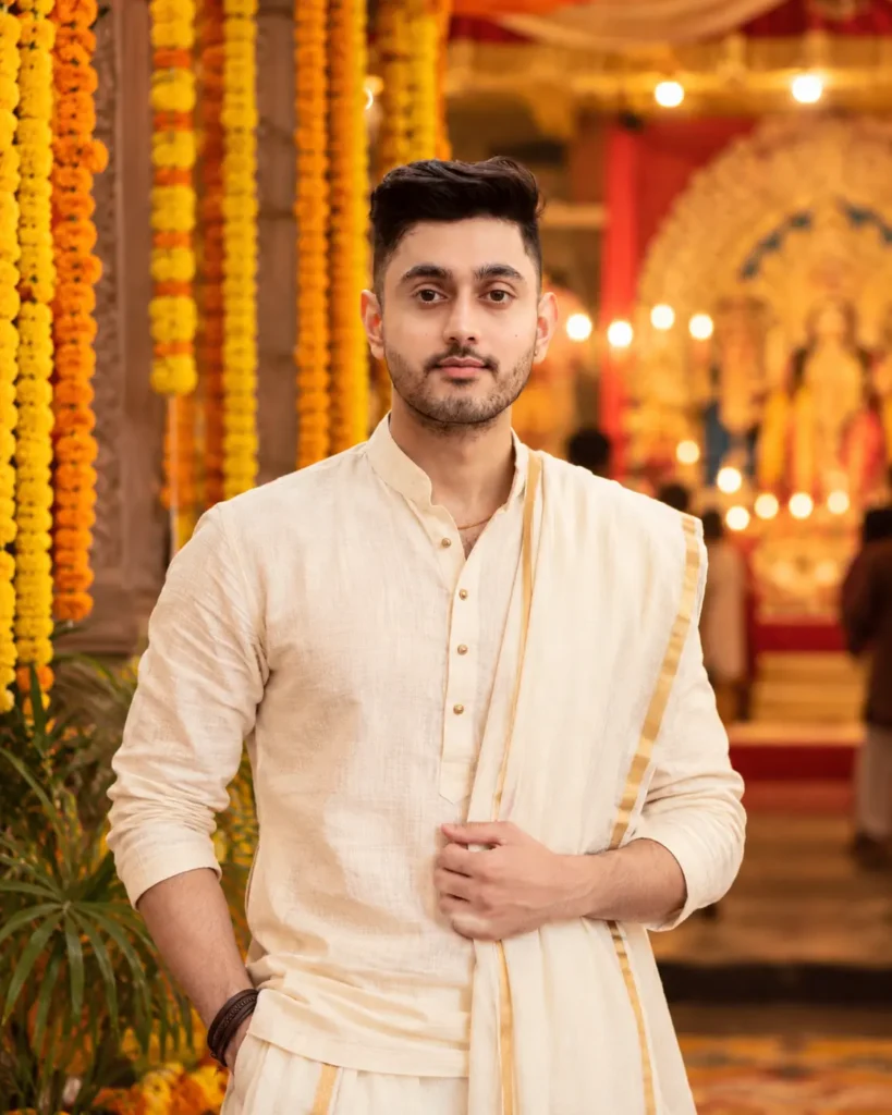 Durga Puja Gemini AI Prompts for boys featuring a man in traditional Bengali panjabi and dhoti by AI Artz